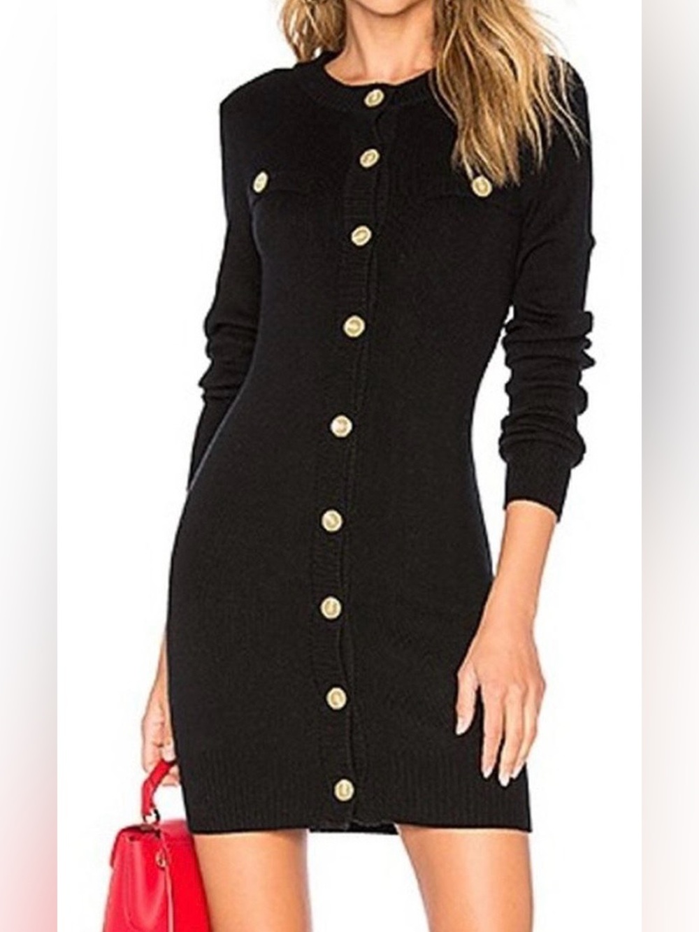 L’Academie Lizzie Black Knit Mini Dress Gold Buttons Size S NWT